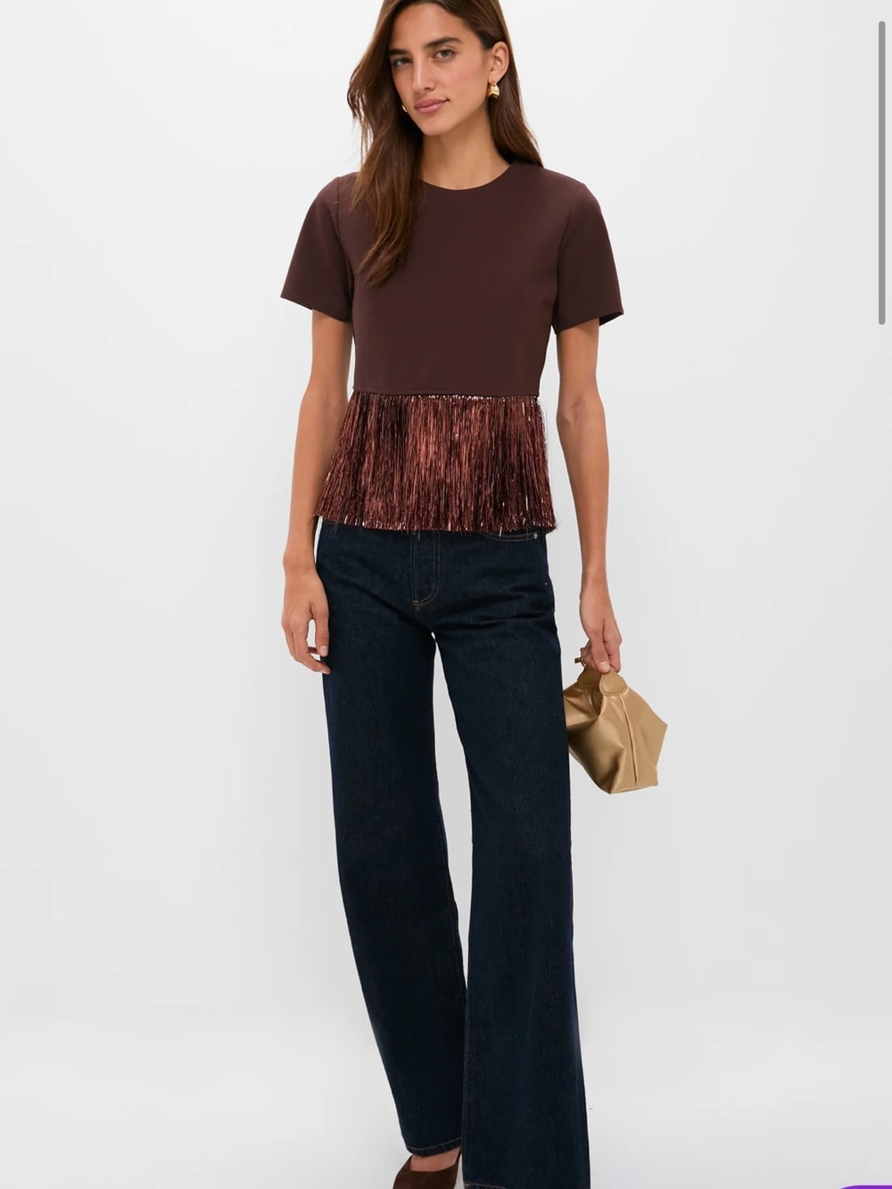 HYACINTH HOUSE :: NWT :: Bronze Metallic Fringe Short Sleeve Top - Picture 2 of 8